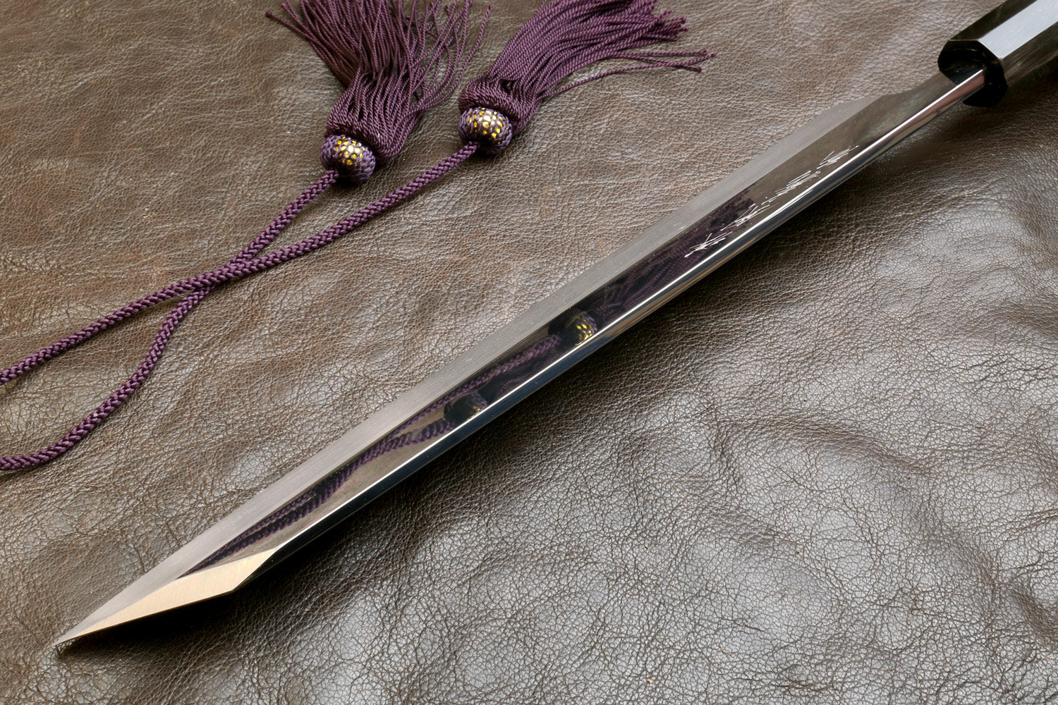 Yoshihiro Mizu Honyaki White Steel #2 Mirror-Polished Namiukashi Kiritsuke Knife Ebony wood Handle & Saya - Image 7