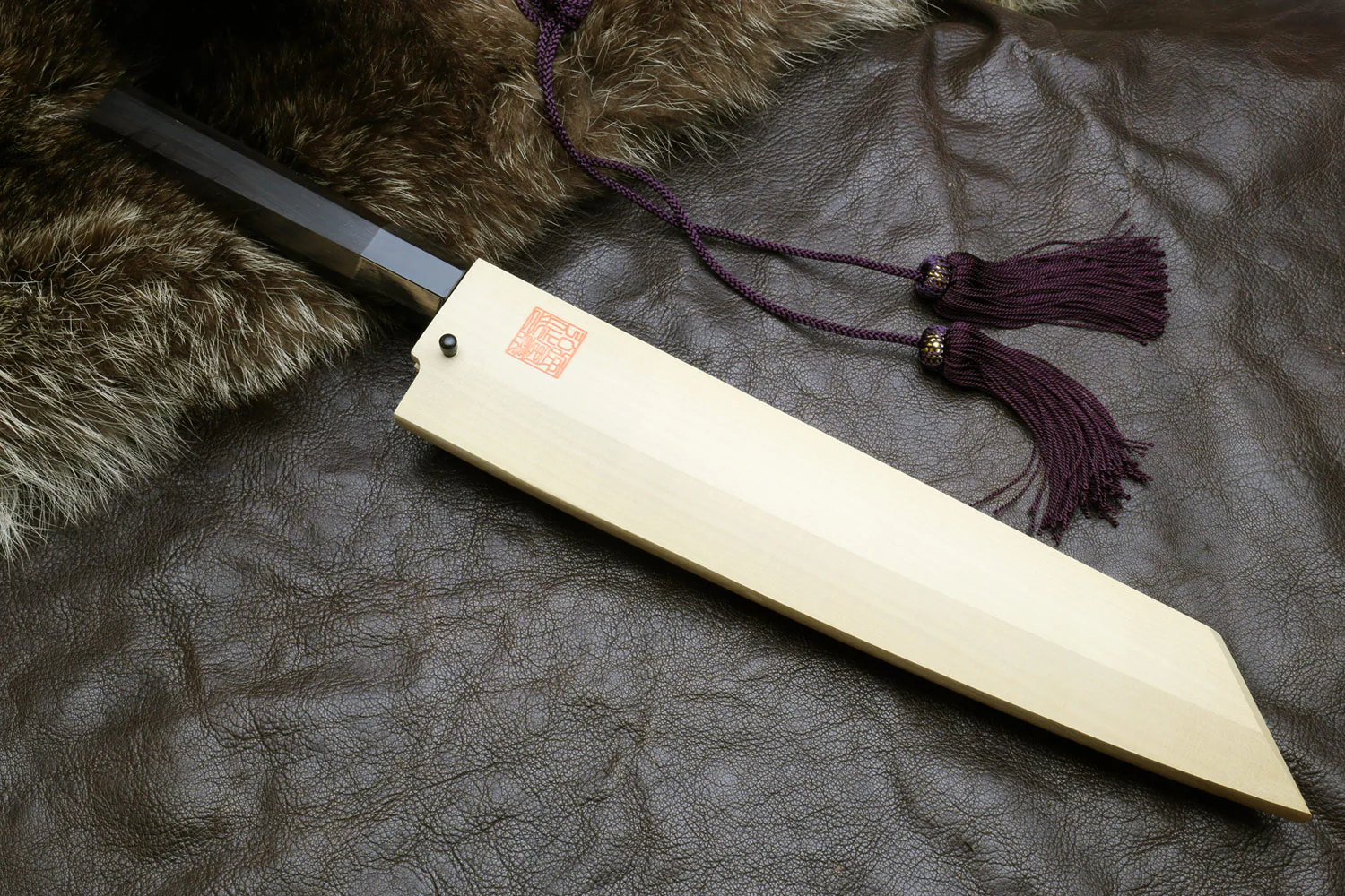 Yoshihiro Mizu Honyaki White Steel #2 Mirror-Polished Namiukashi Kiritsuke Knife Ebony wood Handle & Saya - Image 9