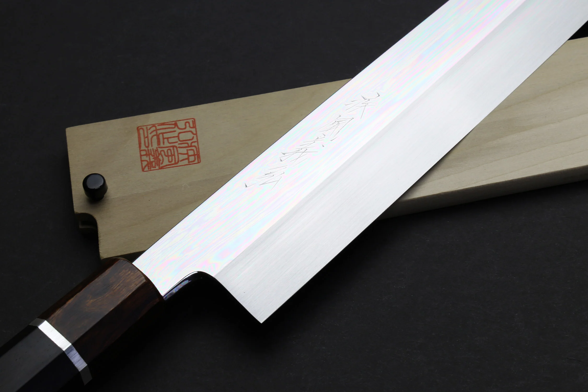 Yoshihiro Mizu Yaki Honyaki Aoko Blue Steel Mirror Finished Kiritsuke Japanese Multipurpose Knife Ebony Handle and Silver Ring - Image 3