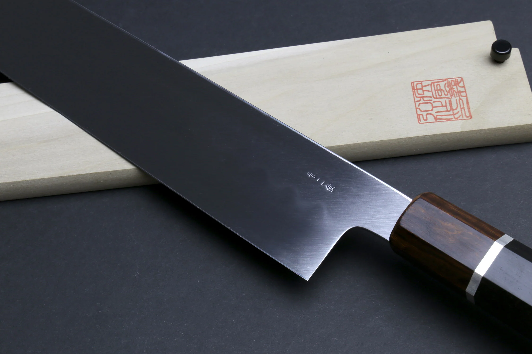 Yoshihiro Mizu Yaki Honyaki Aoko Blue Steel Mirror Finished Kiritsuke Japanese Multipurpose Knife Ebony Handle and Silver Ring - Image 5