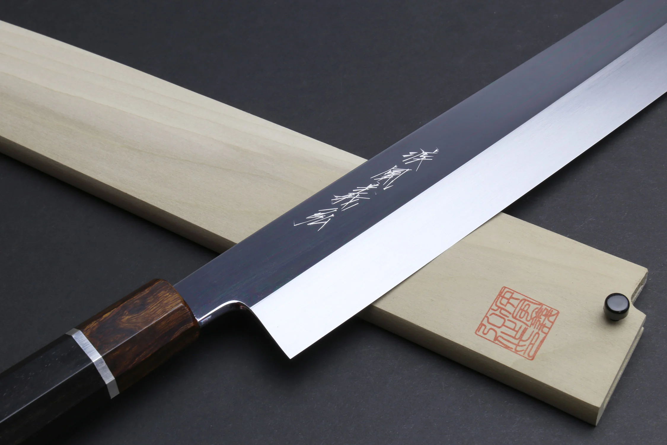 Yoshihiro Mizu Yaki Honyaki Aoko Blue Steel Mirror Finished Kiritsuke Japanese Multipurpose Knife Ebony Handle and Silver Ring - Image 8