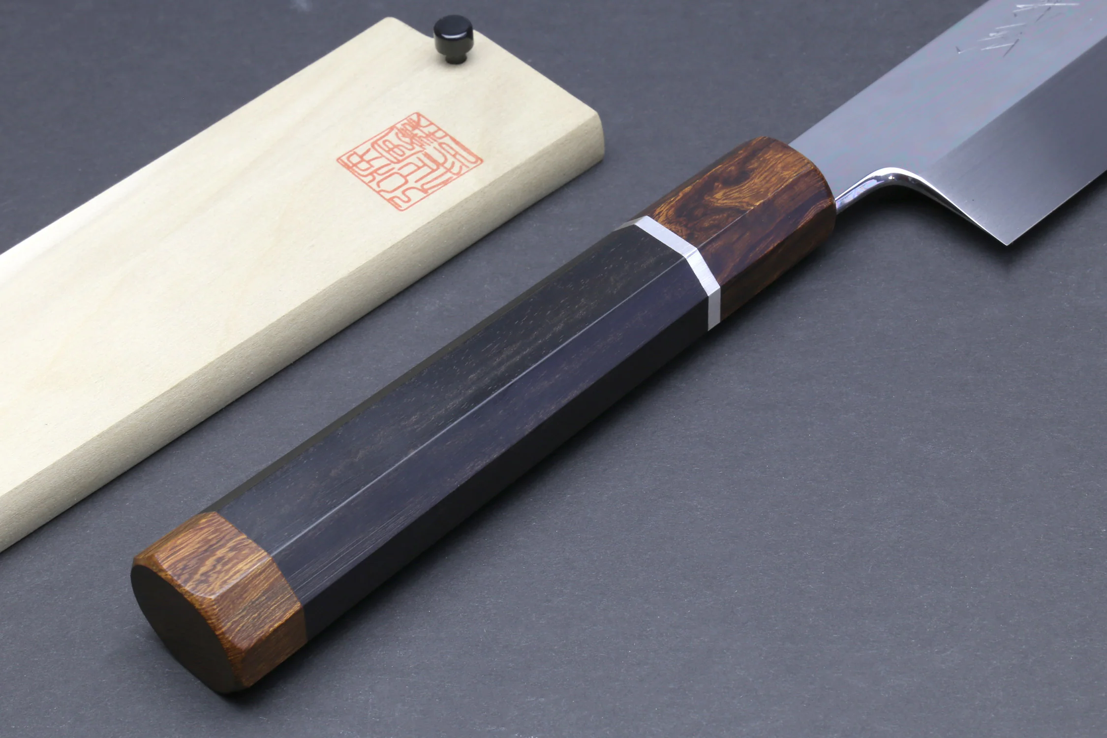 Yoshihiro Mizu Yaki Honyaki Aoko Blue Steel Mirror Finished Kiritsuke Japanese Multipurpose Knife Ebony Handle and Silver Ring - Image 9