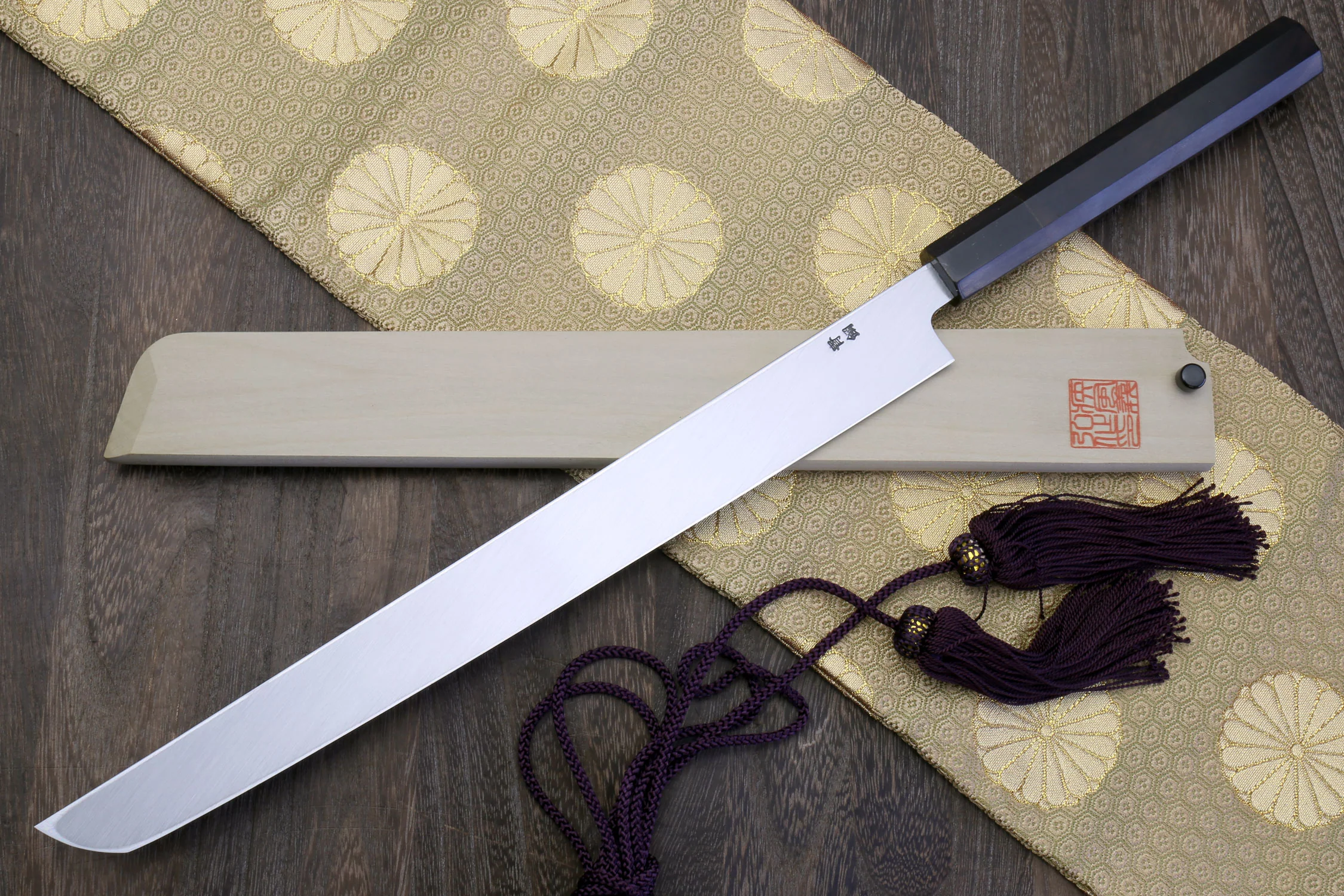Yoshihiro Mizu Yaki Honyaki Aoko Blue Steel Mirror Polished Sakimaru Takobiki Sushi Knife Ebony Handle - Image 3