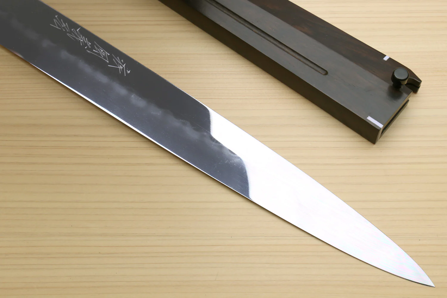 Yoshihiro Mizu Honyaki White Steel #1 Two Sided Mirror-Finished Namiukashi Yanagi Premium Triple Nickel Silver Ring Ebony Handle - IKEDA UNKAI Limited Edition - Image 5