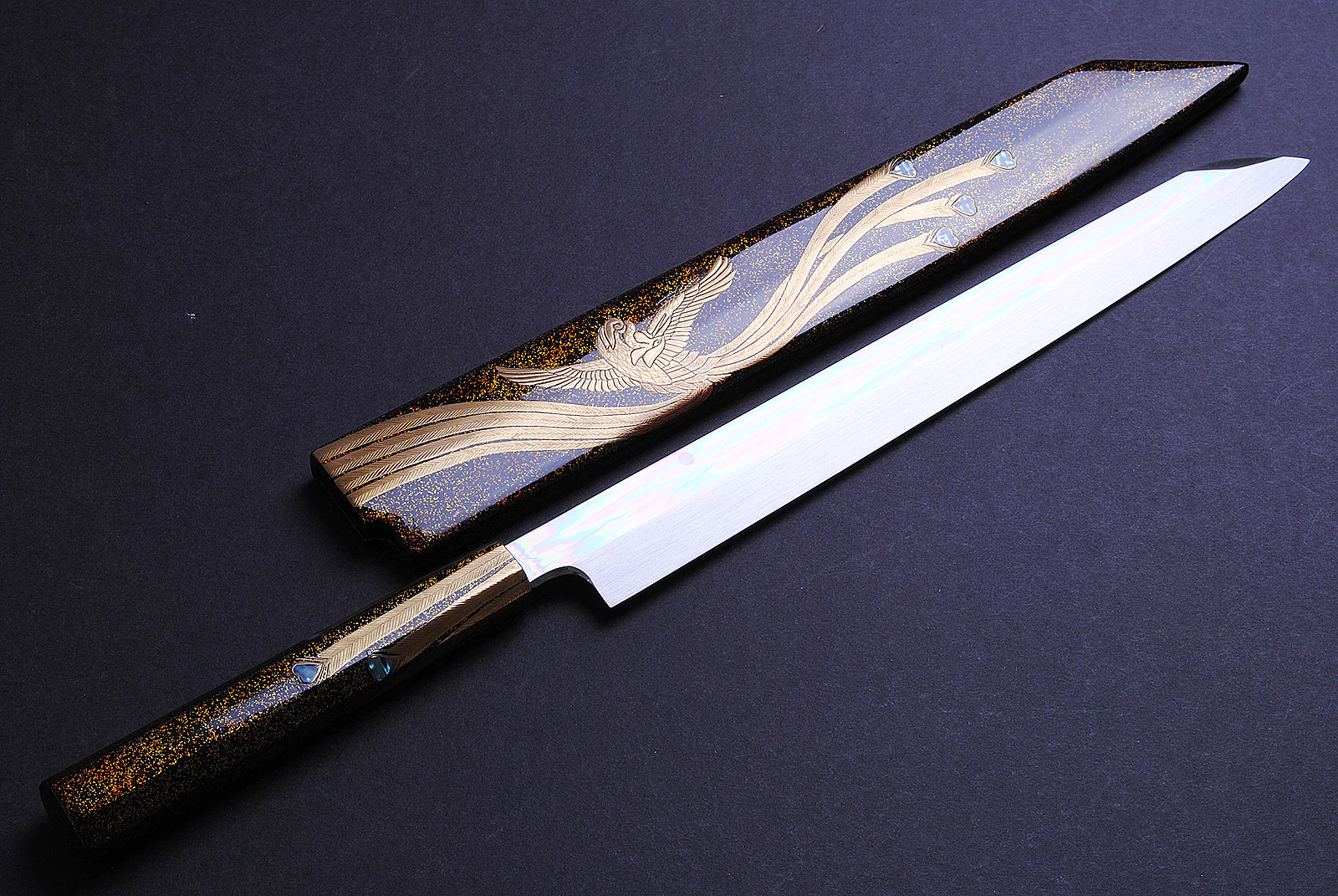 Yoshihiro Mizuyaki Honyaki Mirror Finished Mt.Fuji with Full Moon Yanagi Kiritsuke 24k Gold Phoenix Maki-Urushi Lacquered Rosewood Handle and Saya - Image 3