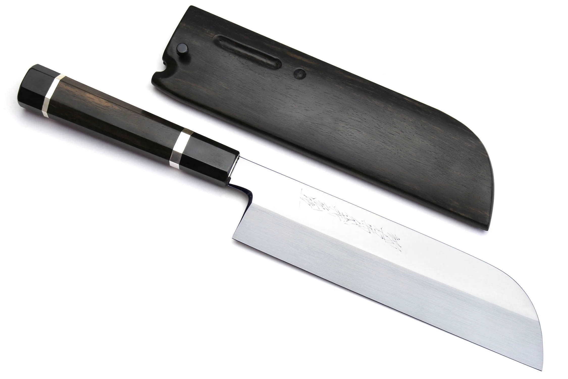 Yoshihiro Mizuyaki Water Quenched Honyaki Mirror-Finished White Steel #1 Usuba 220mm Kama Gata with Sterling Silver Double Bolster Octagonal Ebony handle and Chinagashi Indented Ebony Saya - Image 11