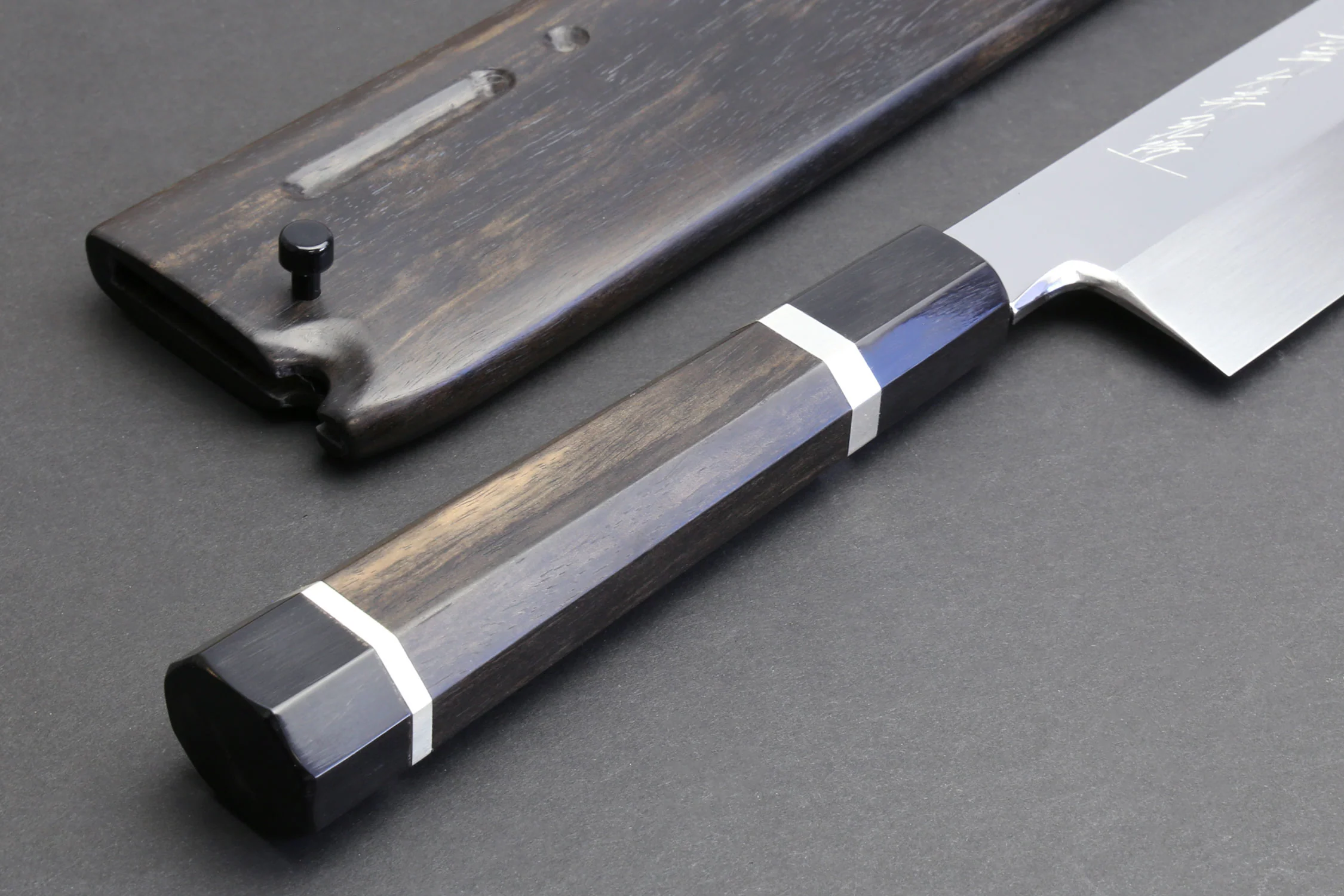 Yoshihiro Mizuyaki Water Quenched Honyaki Mirror-Finished White Steel #1 Usuba 220mm Kama Gata with Sterling Silver Double Bolster Octagonal Ebony handle and Chinagashi Indented Ebony Saya - Image 9