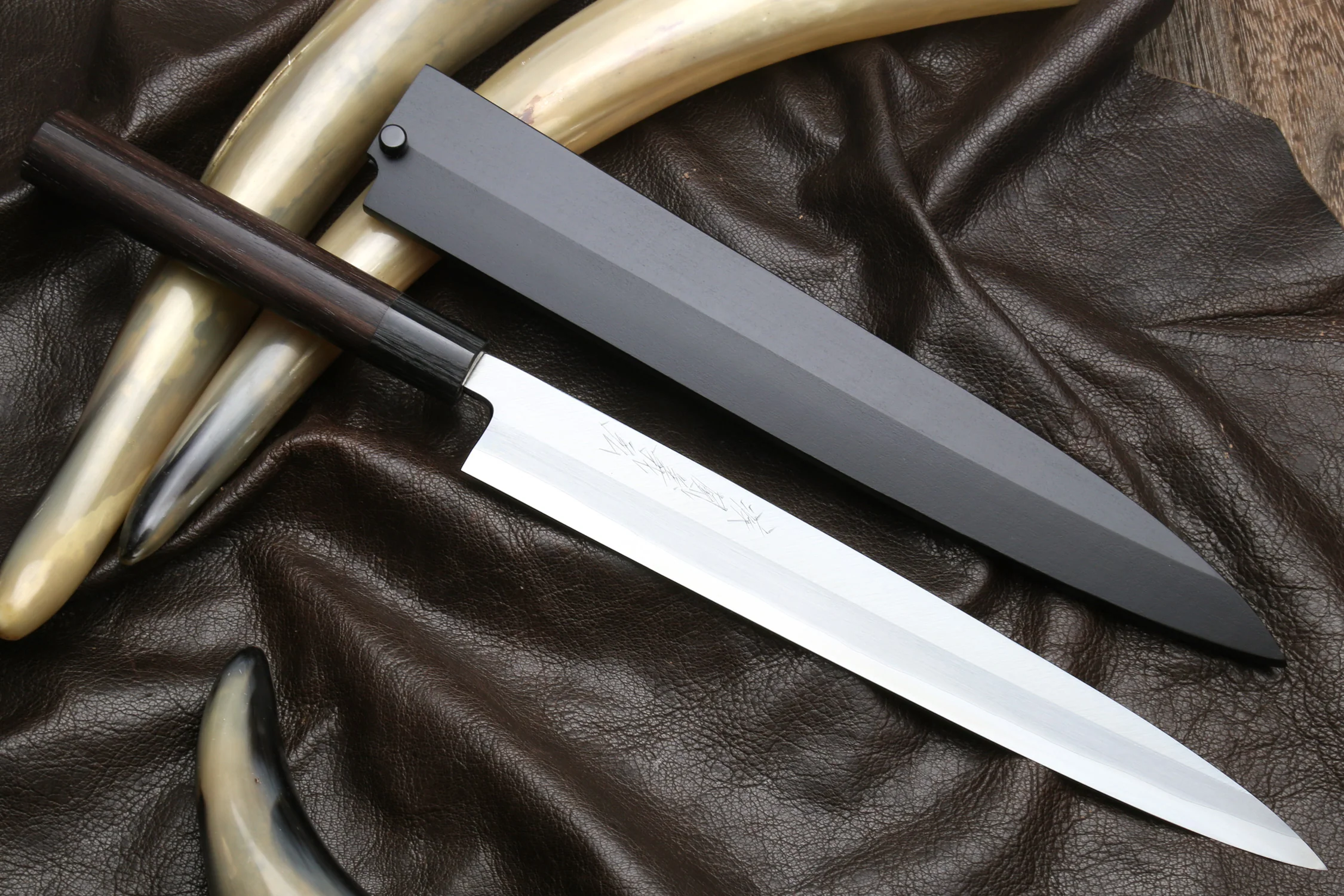 Yoshihiro Inox Stainless Steel Yanagi Sushi Sashimi Japanese Chef Knife Round Rosewood Handle with Nuri Saya Cover