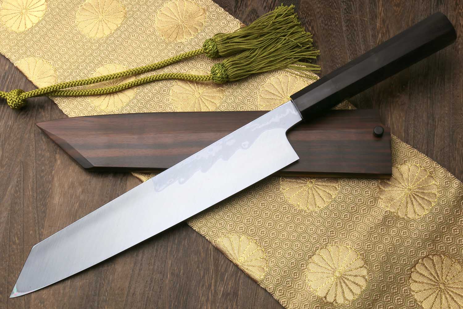 Yoshihiro Suminagashi Blue Steel #1 Kiritsuke Multipurpose Japanese Chef Knife Ebony wood Handle & Saya - Image 2