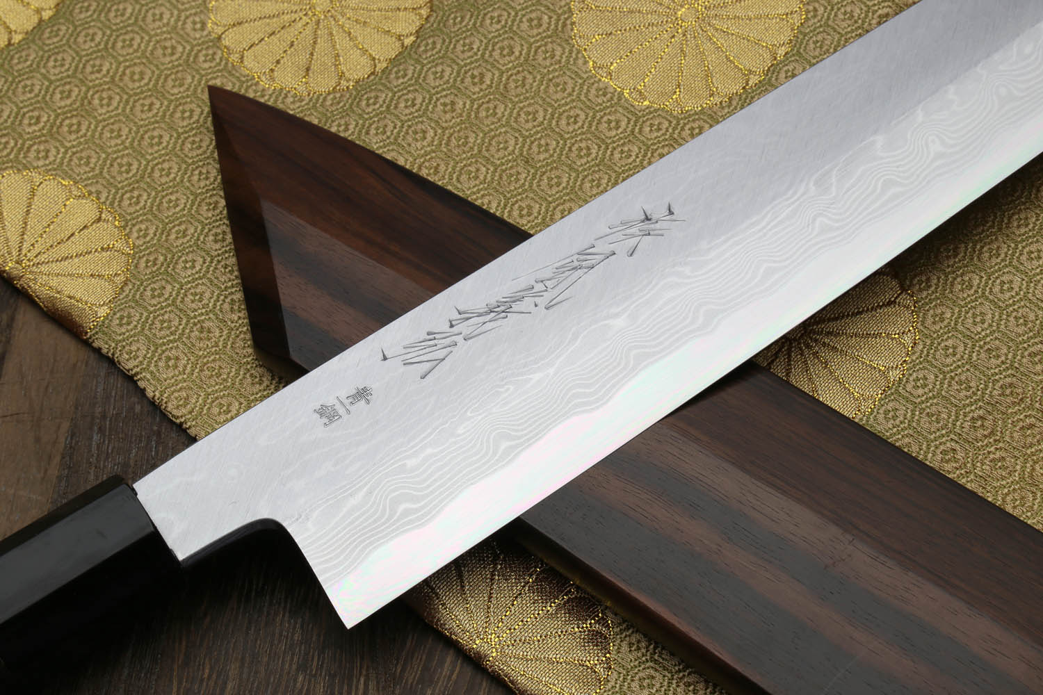 Yoshihiro Suminagashi Blue Steel #1 Kiritsuke Multipurpose Japanese Chef Knife Ebony wood Handle & Saya - Image 3