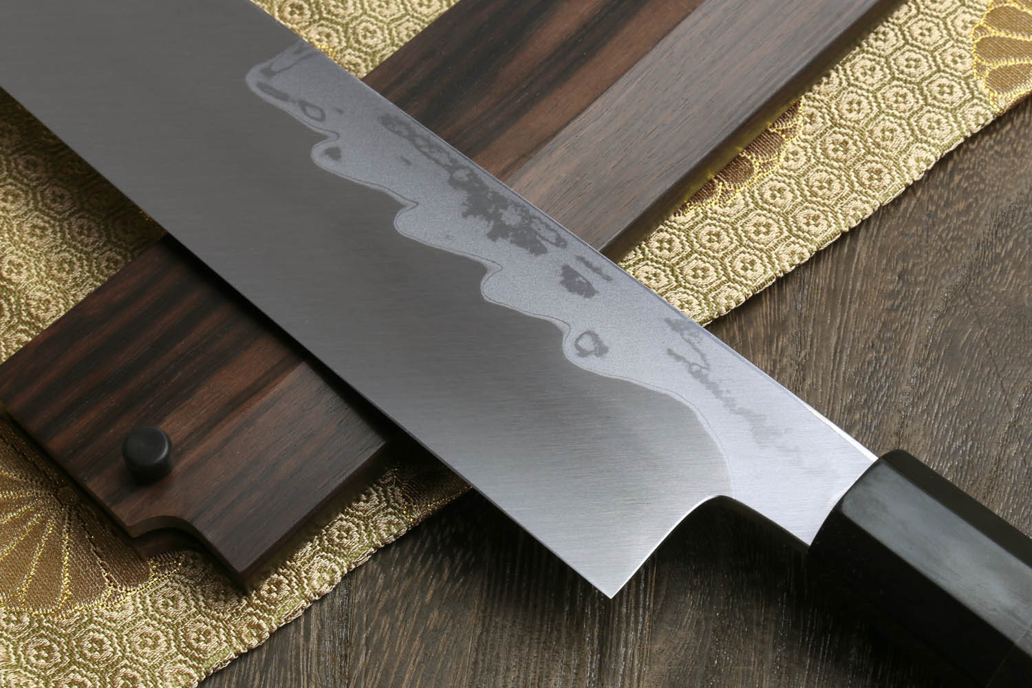 Yoshihiro Suminagashi Blue Steel #1 Kiritsuke Multipurpose Japanese Chef Knife Ebony wood Handle & Saya - Image 4