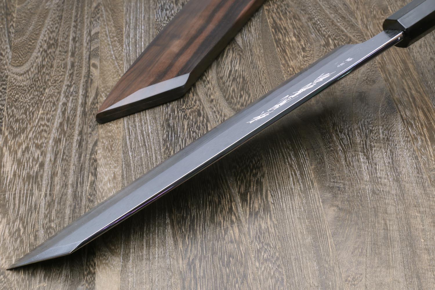 Yoshihiro Suminagashi Blue Steel #1 Kiritsuke Multipurpose Japanese Chef Knife Ebony wood Handle & Saya - Image 7