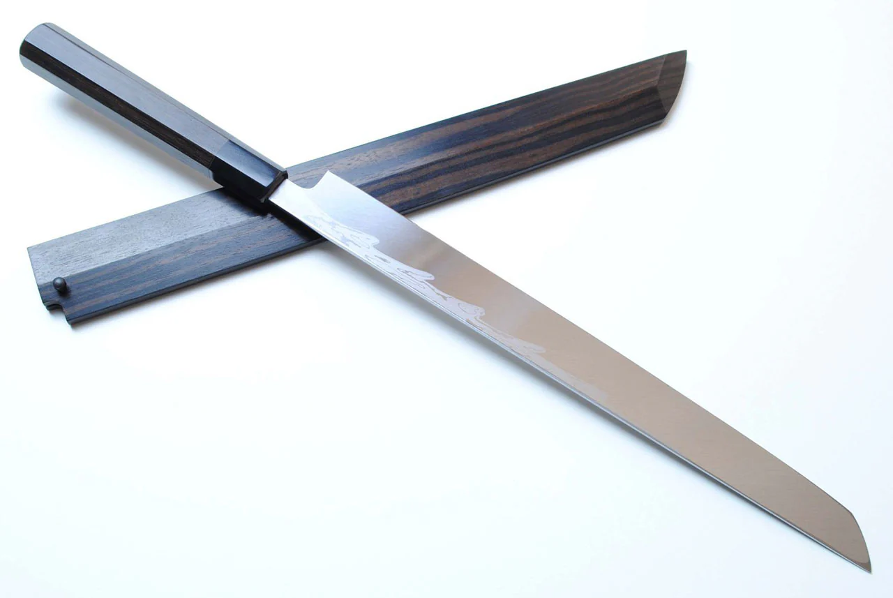 Yoshihiro Suminagashi Blue Steel #1 Sakimaru Takobiki Sushi Sashimi Slicing Japanese Chef Knife Ebony wood Handle - Image 3