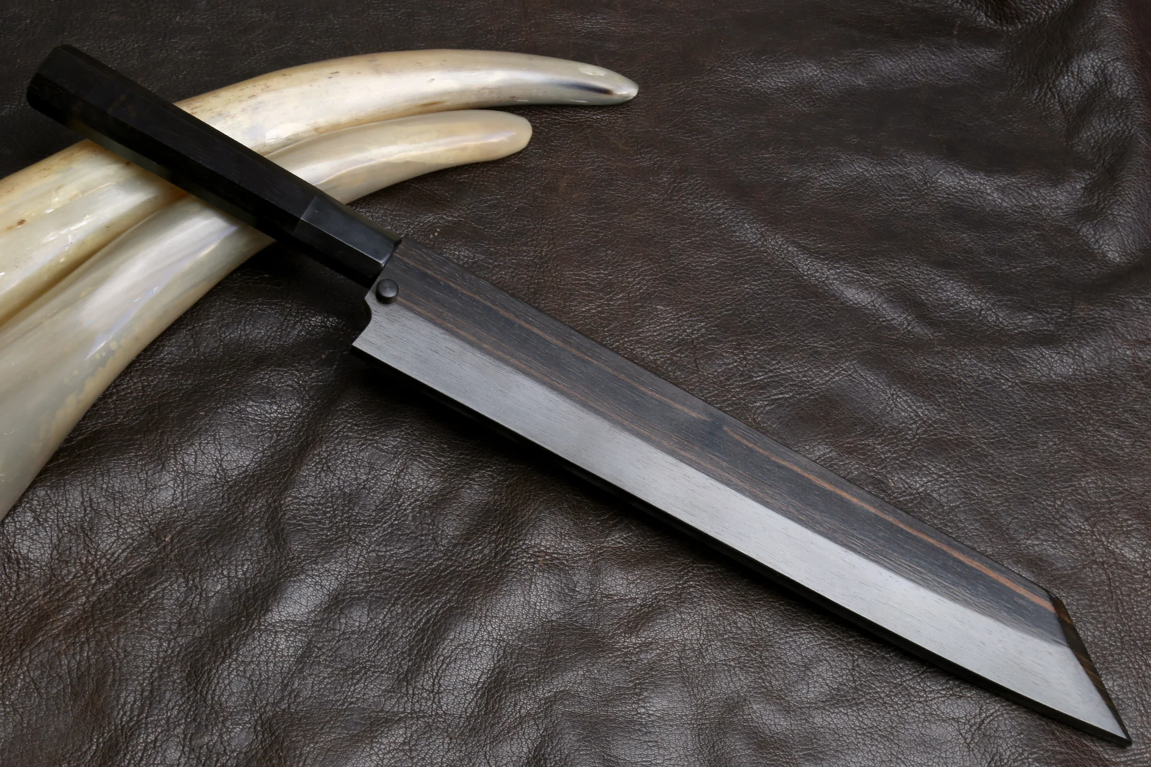 Yoshihiro Suminagashi Blue Steel #1 Yanagi Kiritsuke Sushi Sashimi Japanese Knife Ebony Handle with Ebony Saya - Image 10