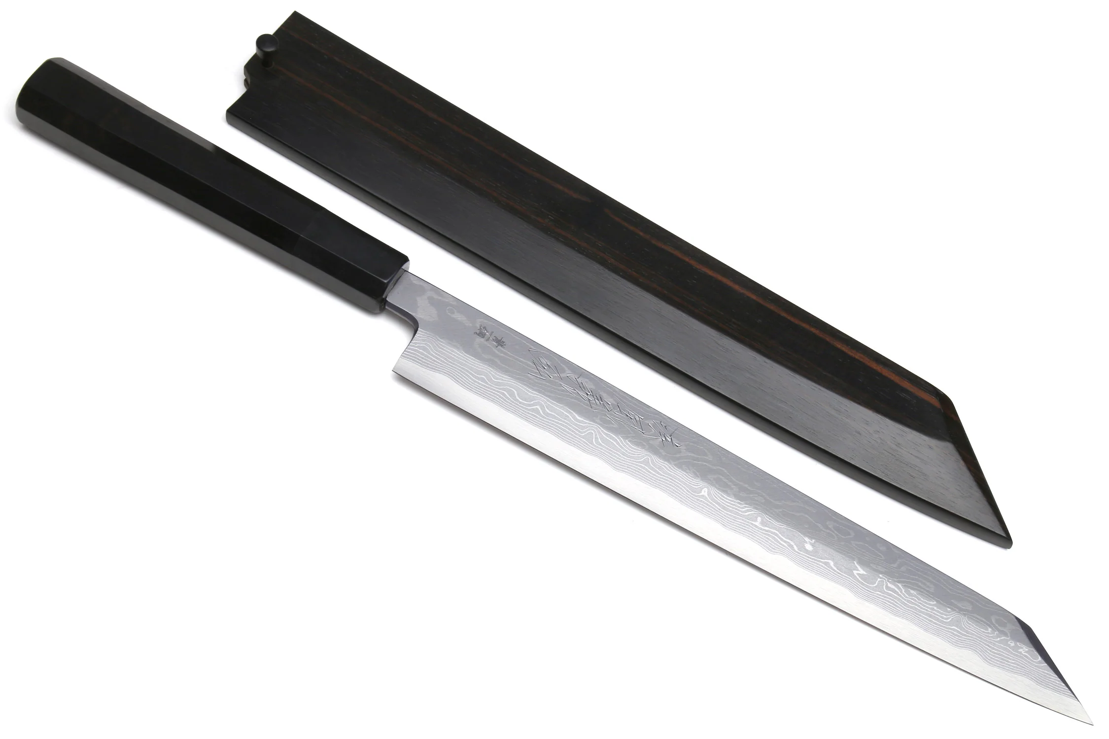 Yoshihiro Suminagashi Blue Steel #1 Yanagi Kiritsuke Sushi Sashimi Japanese Knife Ebony Handle with Ebony Saya - Image 11