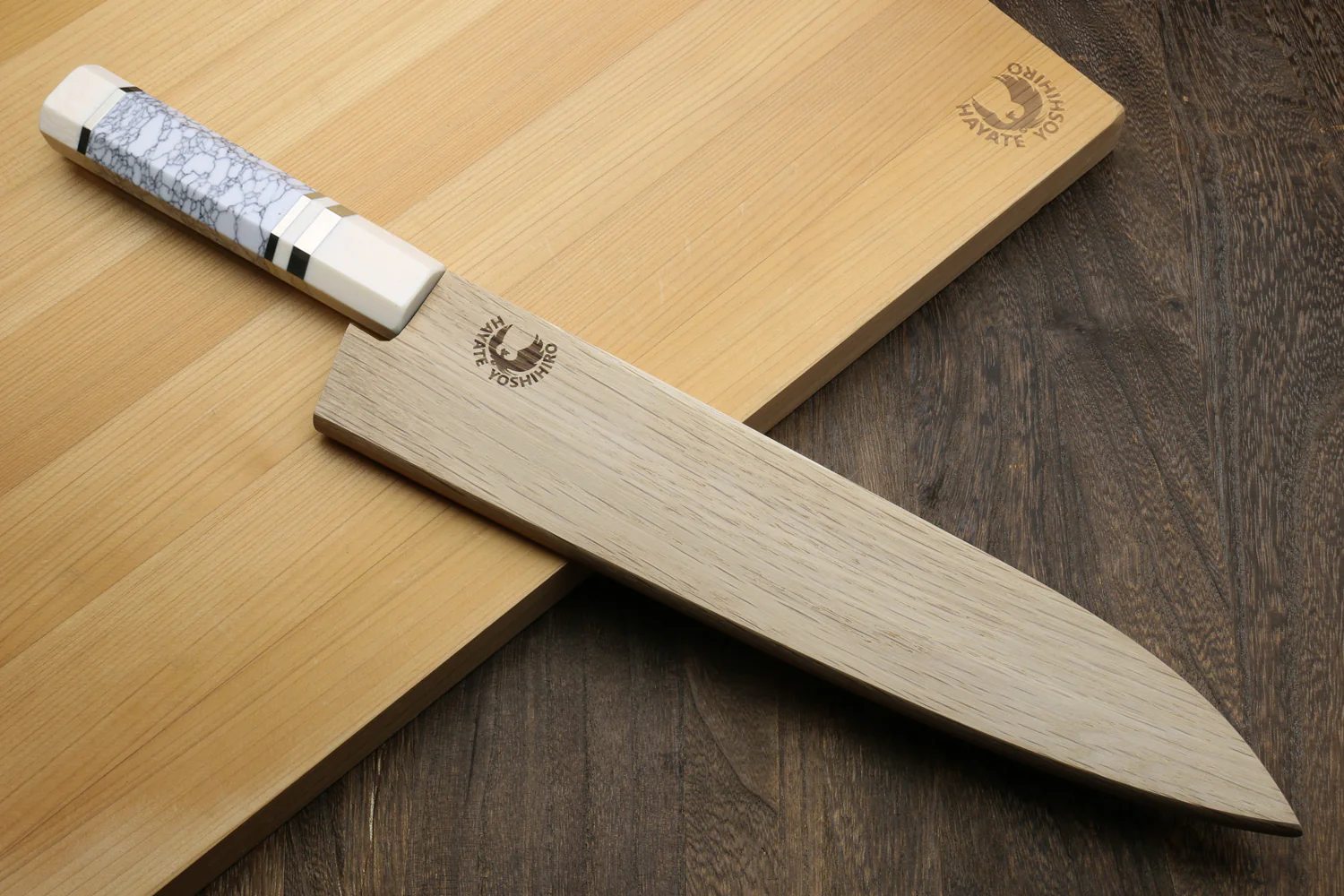 Yoshihiro Super Blue Steel Stainless Clad Hammered Gyuto Chefs Knife Howlite White Handle with Alternative Ivory Bolster (9.5" (240mm)) - Image 8