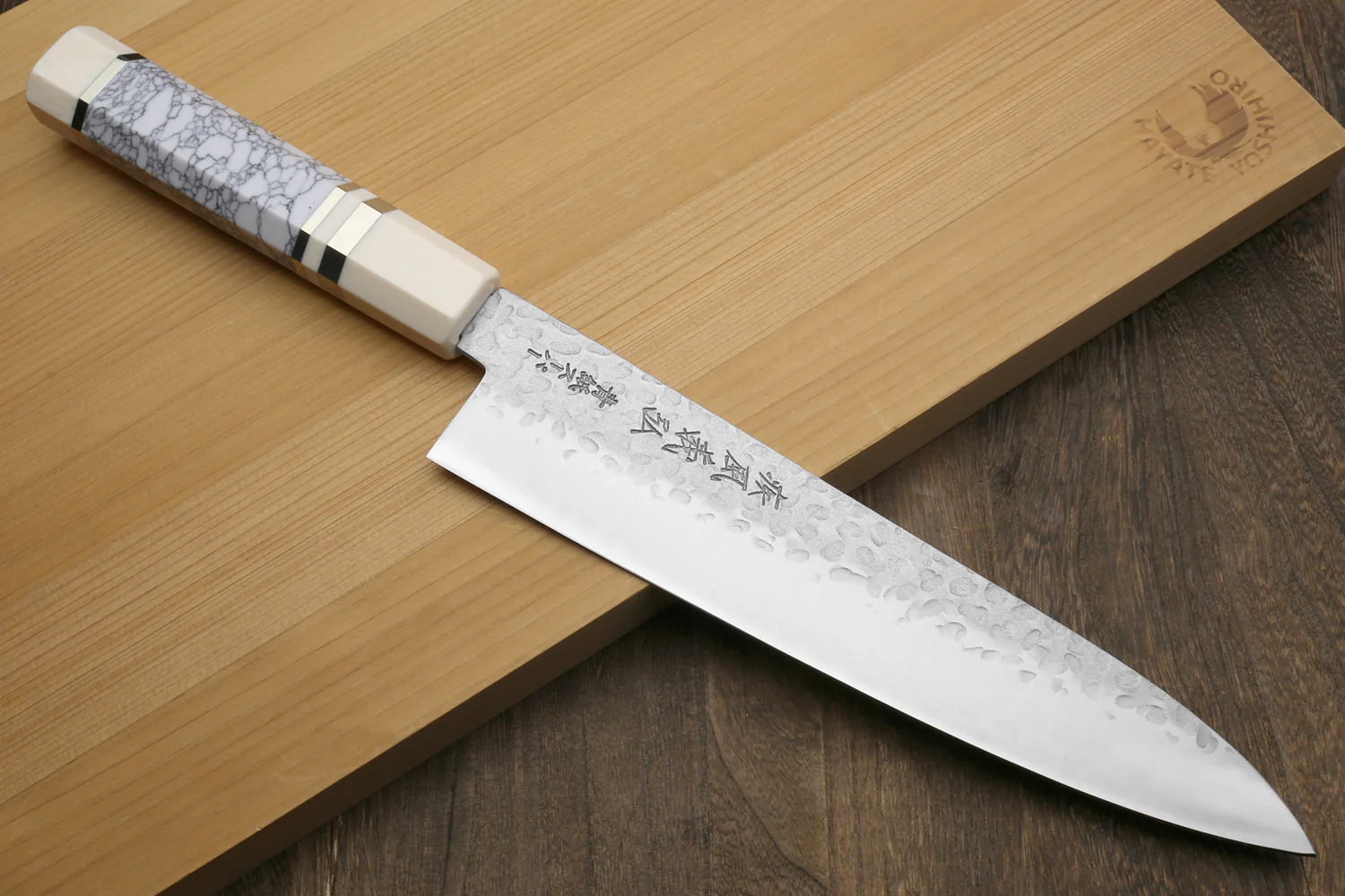 Yoshihiro Super Blue Steel Stainless Clad Hammered Gyuto Chefs Knife Howlite White Handle with Alternative Ivory Bolster (9.5" (240mm)) - Image 9