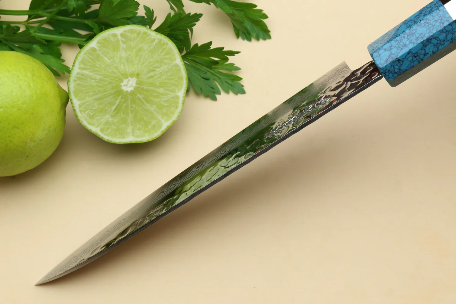Yoshihiro VG-10 46 Layers Hammered Damascus Petty Utility Japanese Chef Knife Octagonal Turquoise Blue Handle (6" (150mm)) - Image 6