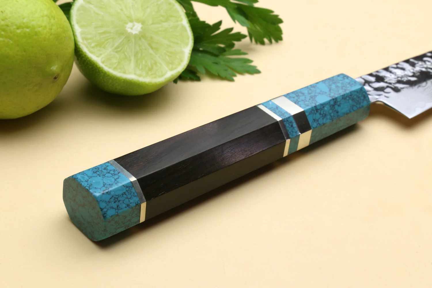 Yoshihiro VG-10 46 Layers Hammered Damascus Petty Utility Japanese Chef Knife Octagonal Turquoise Blue Handle (6" (150mm)) - Image 7
