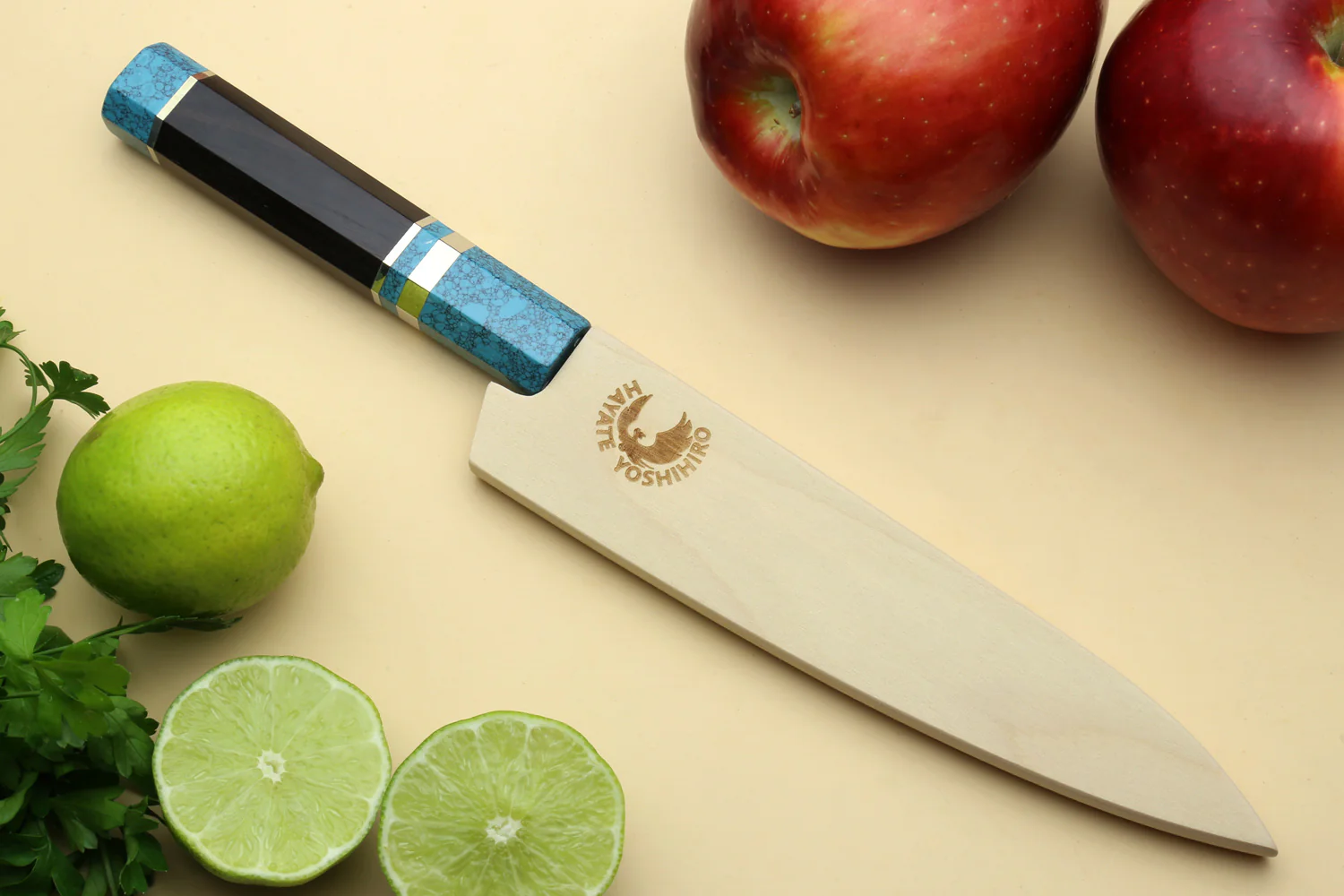 Yoshihiro VG-10 46 Layers Hammered Damascus Petty Utility Japanese Chef Knife Octagonal Turquoise Blue Handle (6" (150mm)) - Image 8