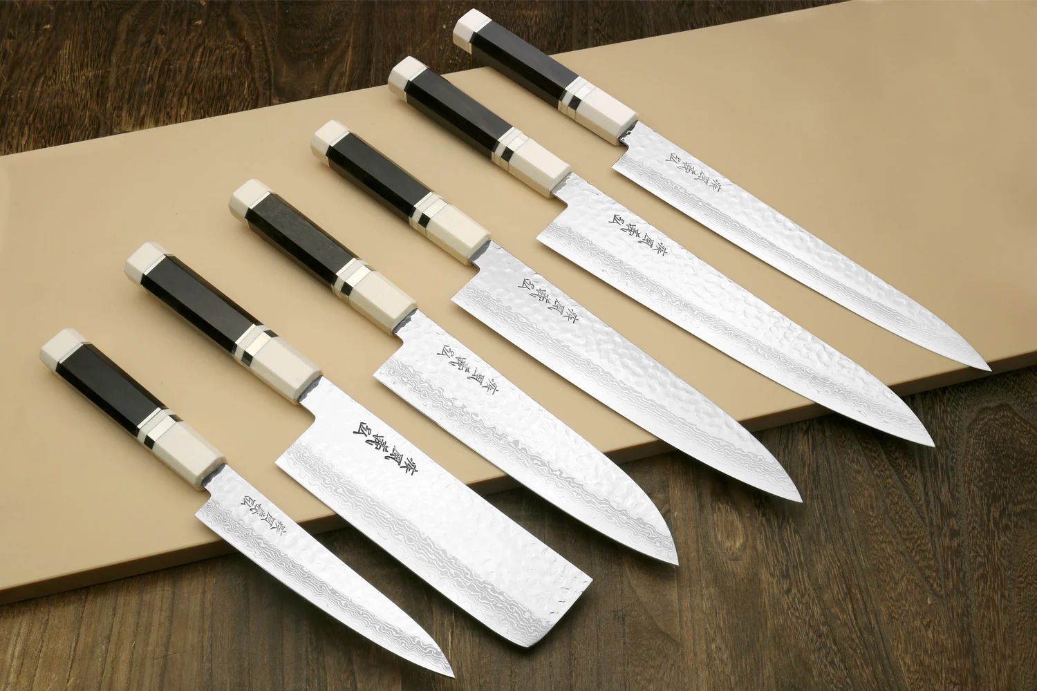 Yoshihiro VG-10 46 Layers Hammered Damascus Kknife 6PC Set (2 Gyuto, Petty, Sujihiki, Santoku, Nakiri) with Octagonal Alternative Ivory Handle