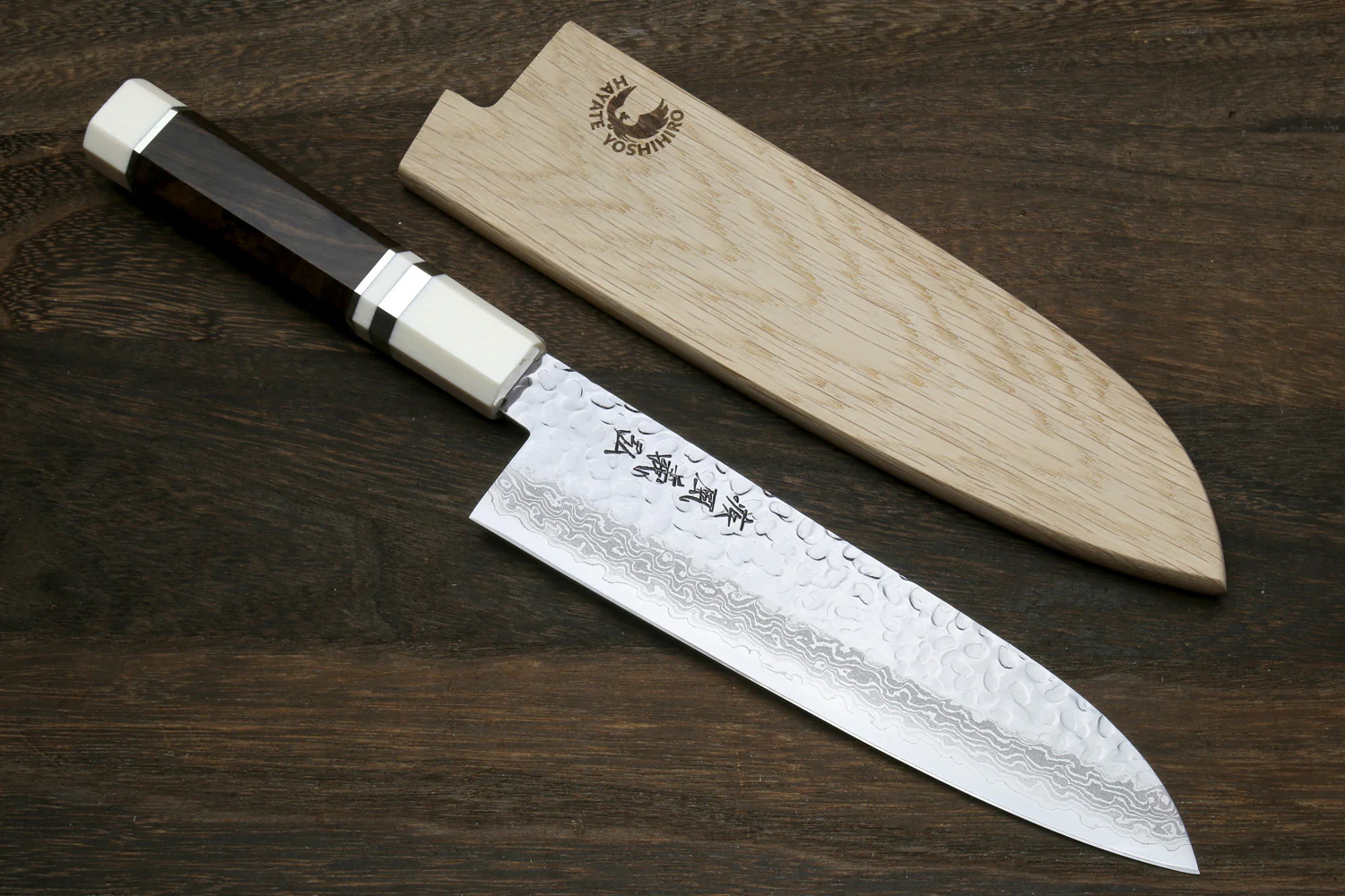 Yoshihiro VG-10 46 Layers Hammered Damascus Kknife 6PC Set (2 Gyuto, Petty, Sujihiki, Santoku, Nakiri) with Octagonal Alternative Ivory Handle - Image 6