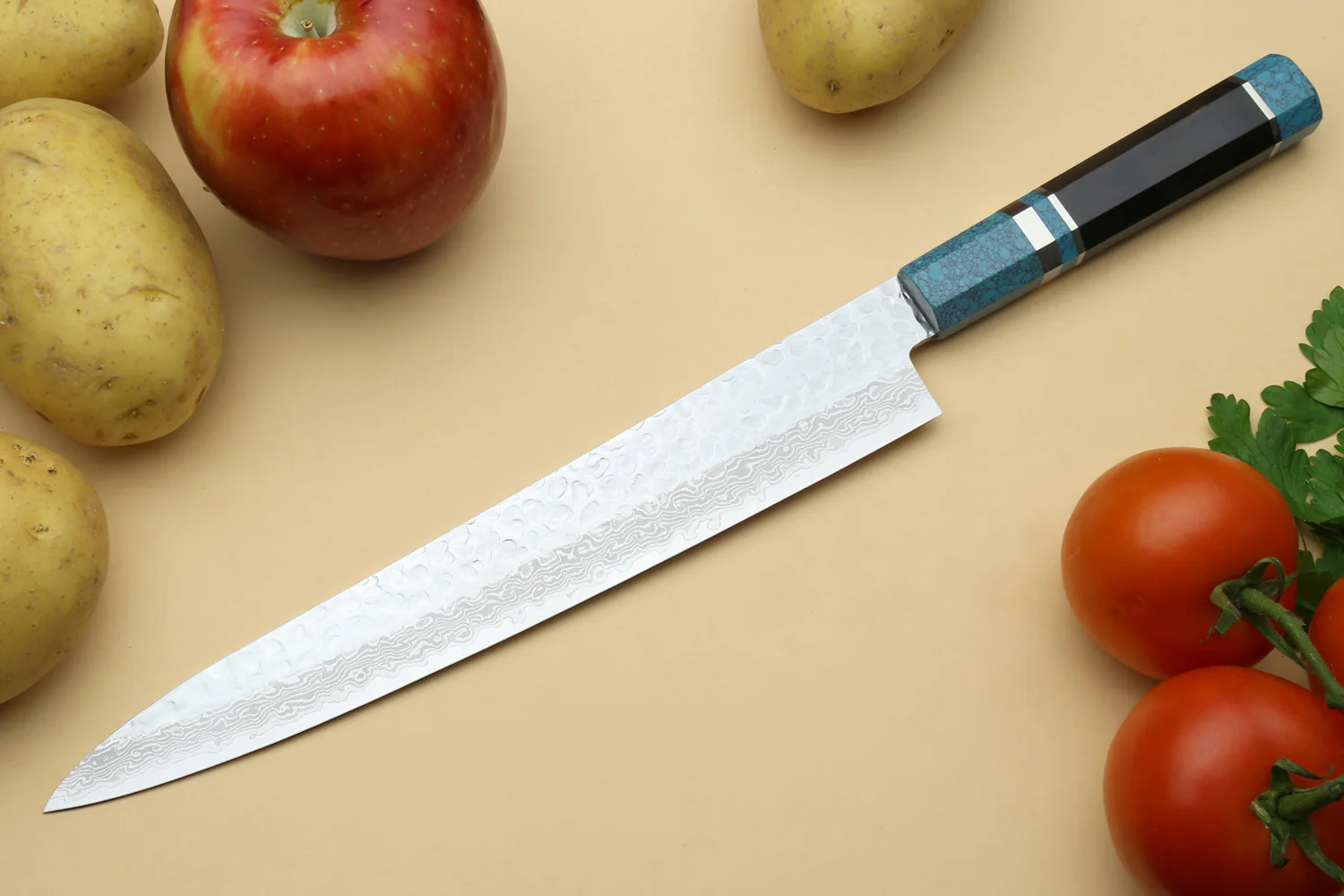 Yoshihiro VG-10 46 Layers Hammered Damascus Sujihiki Japanese Slicer Knife Octagonal Turquoise Blue Handle (Blade Length: 9.5" (240mm)) - Image 2