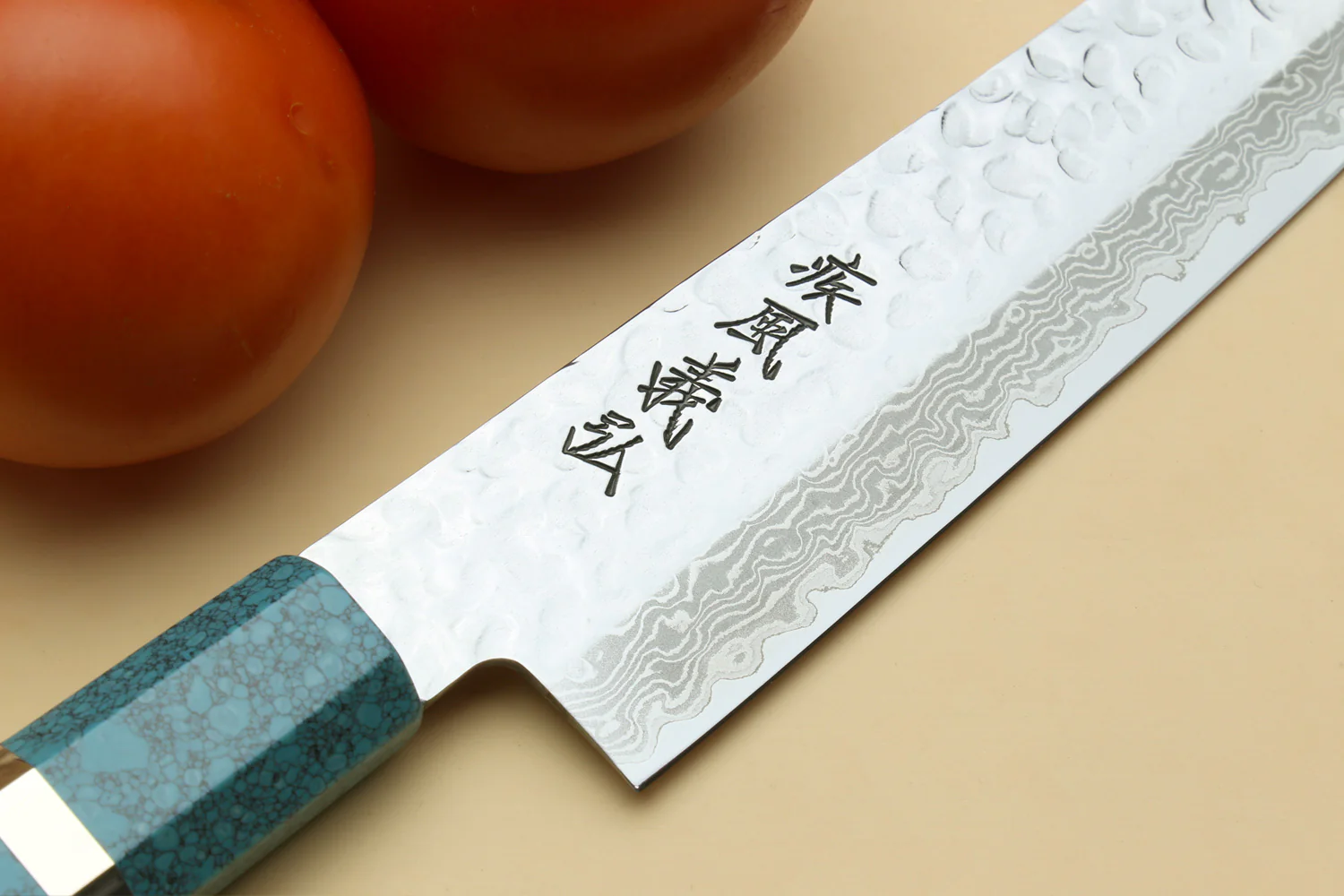 Yoshihiro VG-10 46 Layers Hammered Damascus Sujihiki Japanese Slicer Knife Octagonal Turquoise Blue Handle (Blade Length: 9.5" (240mm)) - Image 3