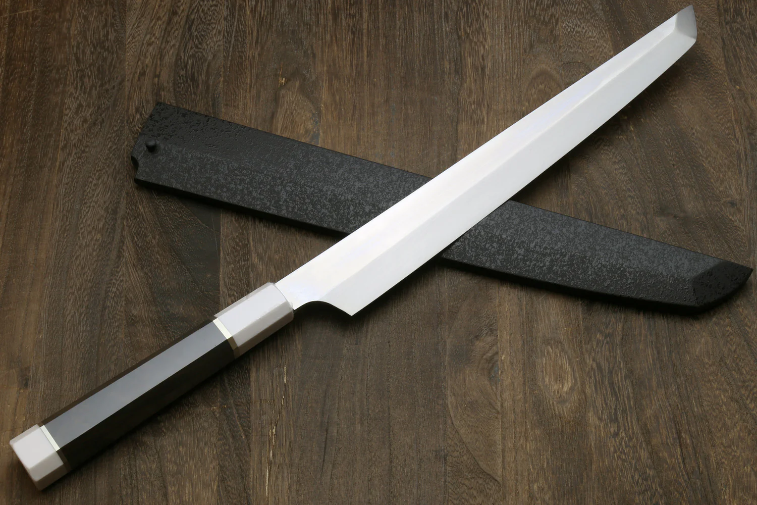 Yoshihiro VG-10 Honyaki Sakimaru Takobiki Japanese Sushi Sashimi Knife with Double Nickel Silver Ring Corian Ebony Handle - Image 7